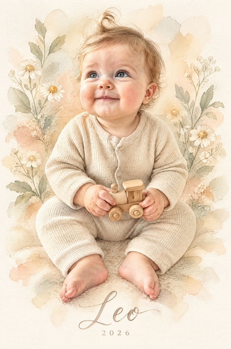 Baby Heirloom Pastel Watercolor Portrait baby boy keepsake with custom name and birth year