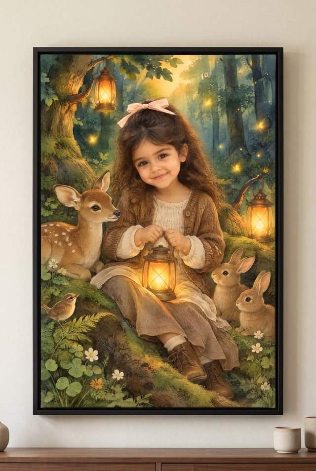 Enchanted Lantern Woodland Portrait - floating frame canvas on the wall
