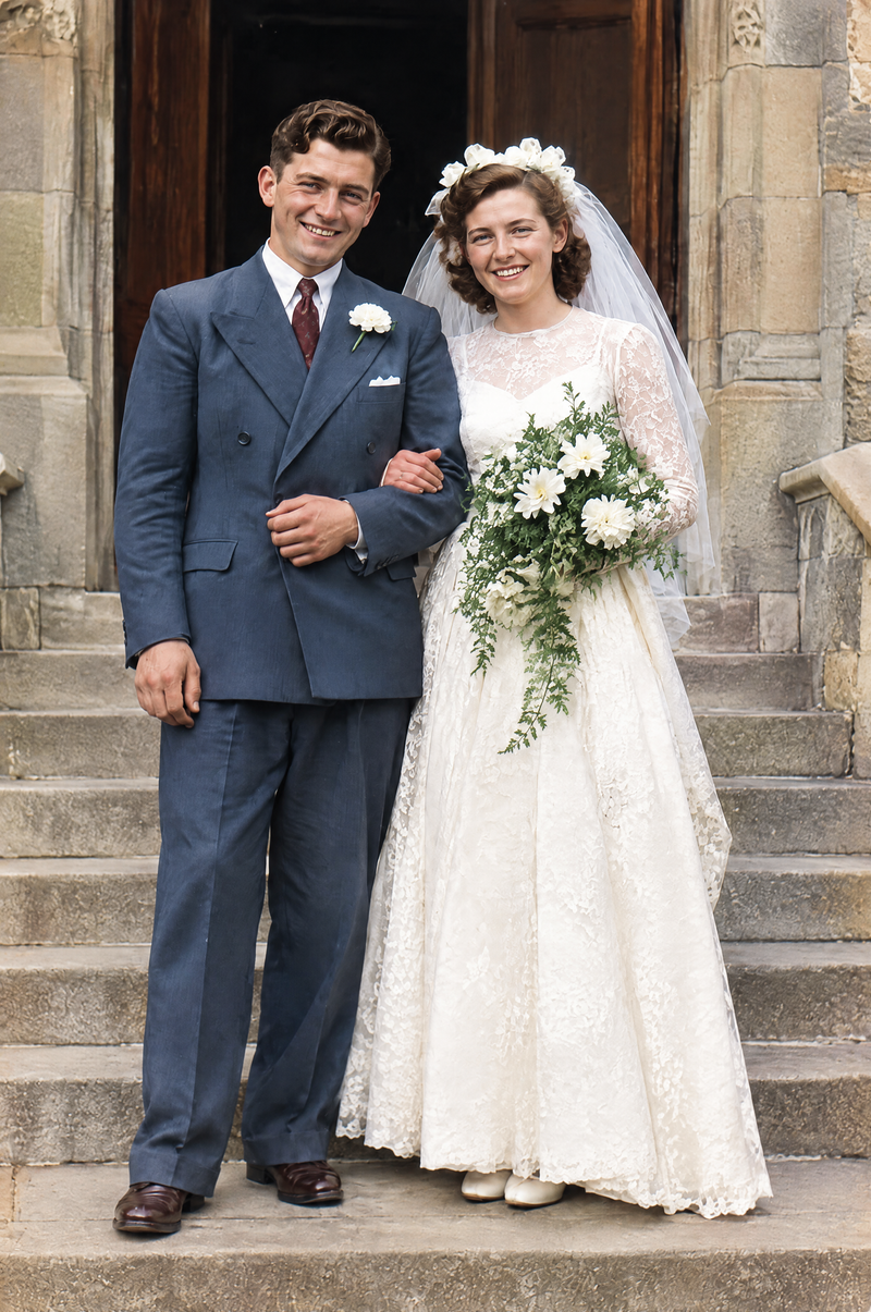 Natural Color Photo Restoration colorized 1940s wedding couple heirloom portrait flat artwork