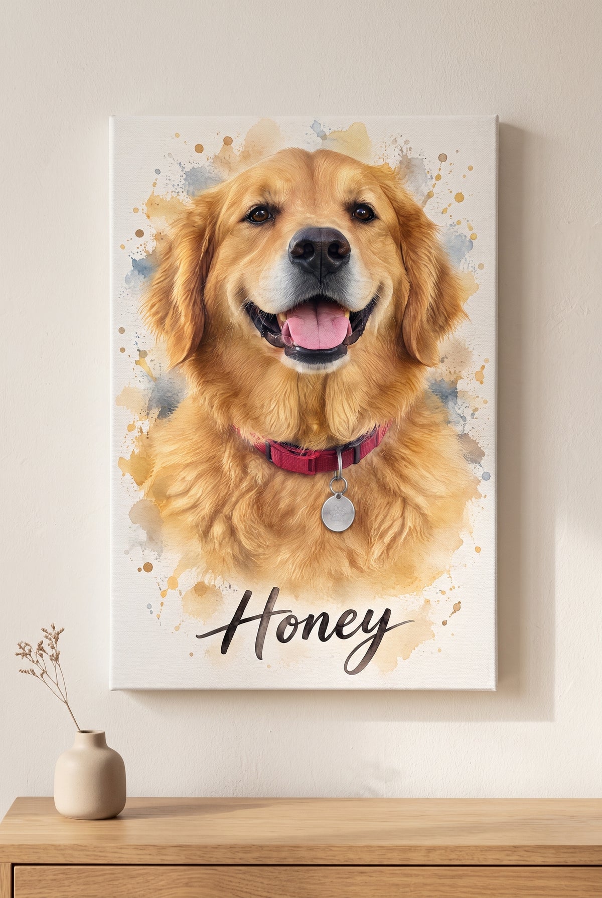 Pet Photo Watercolor Splatter Portrait stretched gallery-wrap canvas on the wall