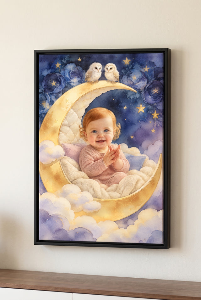 Sleeping Crescent Moon Cradle Portrait - Vivid floater-framed canvas on the wall