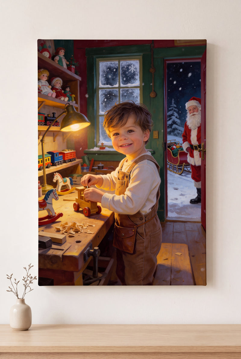 Santa's Workshop Helper Portrait stretched gallery-wrap canvas on the wall
