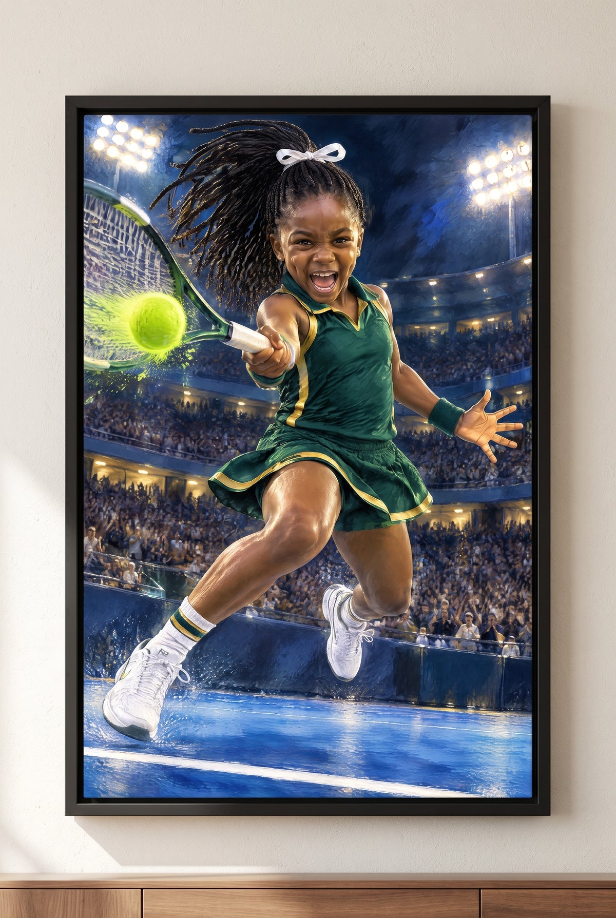 Center Court Match-Point Forehand Portrait floater-framed canvas on the wall