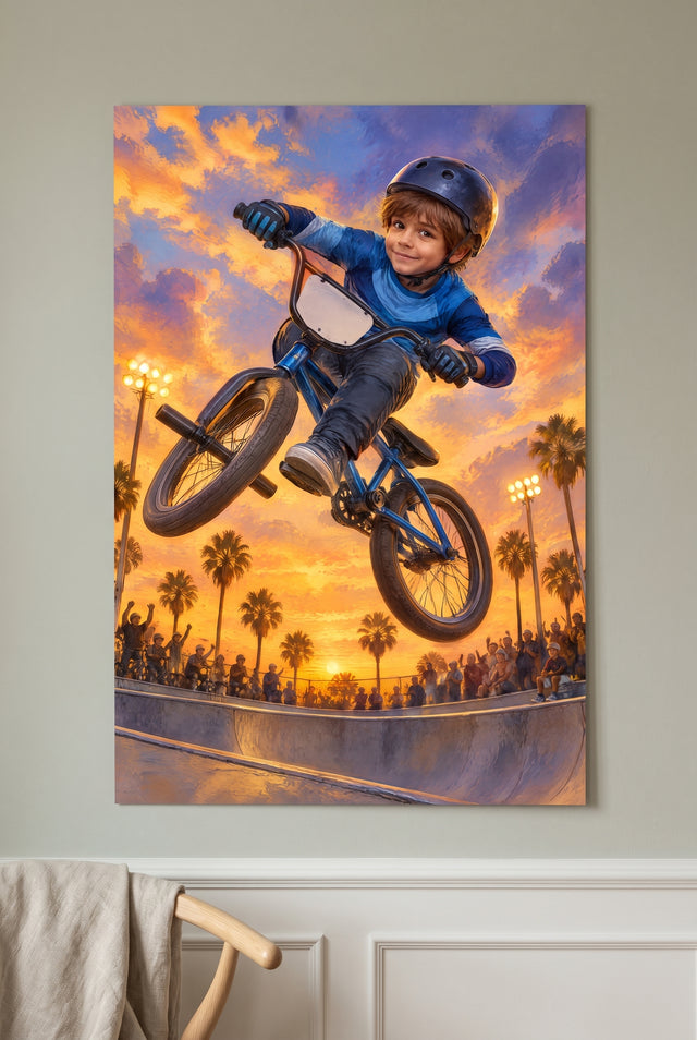 BMX Sunset Bowl Flight Portrait unframed fine-art paper print on the wall