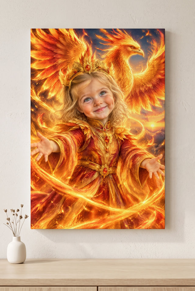 Phoenix Firebird Portrait stretched gallery-wrap canvas on the wall