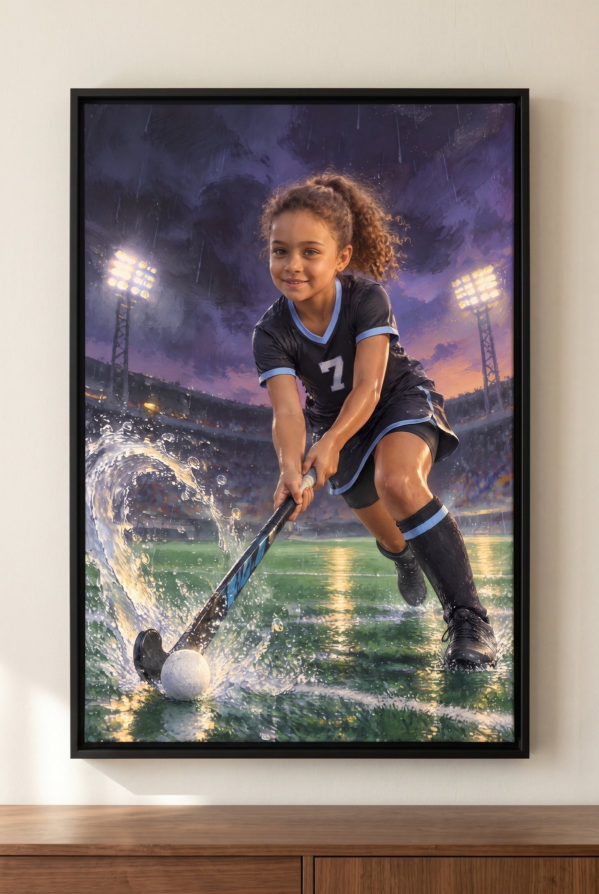 Twilight Turf Field Hockey Portrait floater-framed canvas on the wall