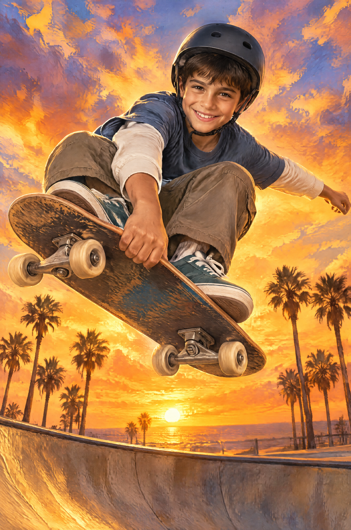 Sunset Bowl Skateboard Flight Portrait flat artwork made from an example photo