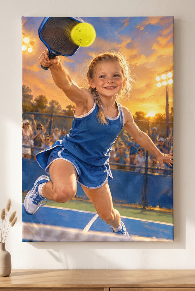 Championship Pickleball Smash Portrait stretched gallery-wrap canvas on the wall