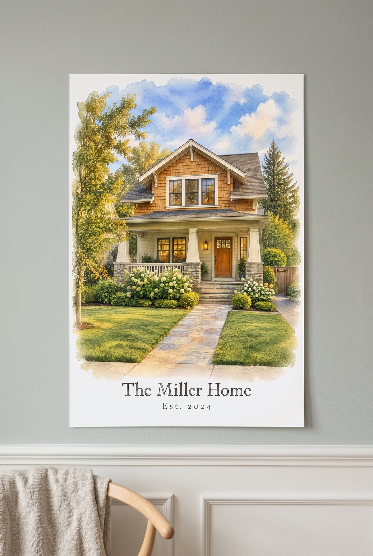 Custom Home Watercolor Keepsake unframed fine-art paper print on the wall