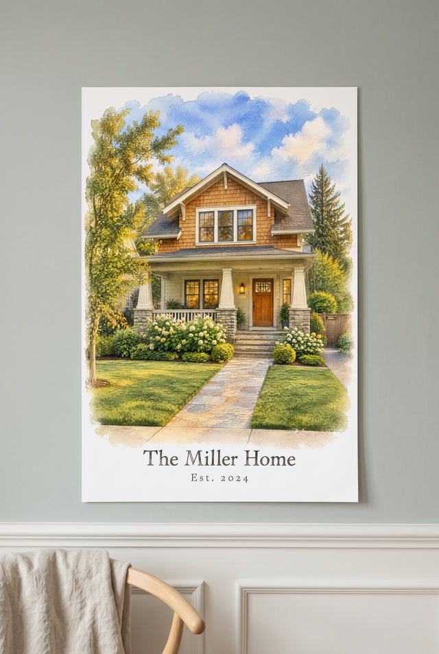 Custom Home Watercolor Keepsake unframed fine-art paper print on the wall