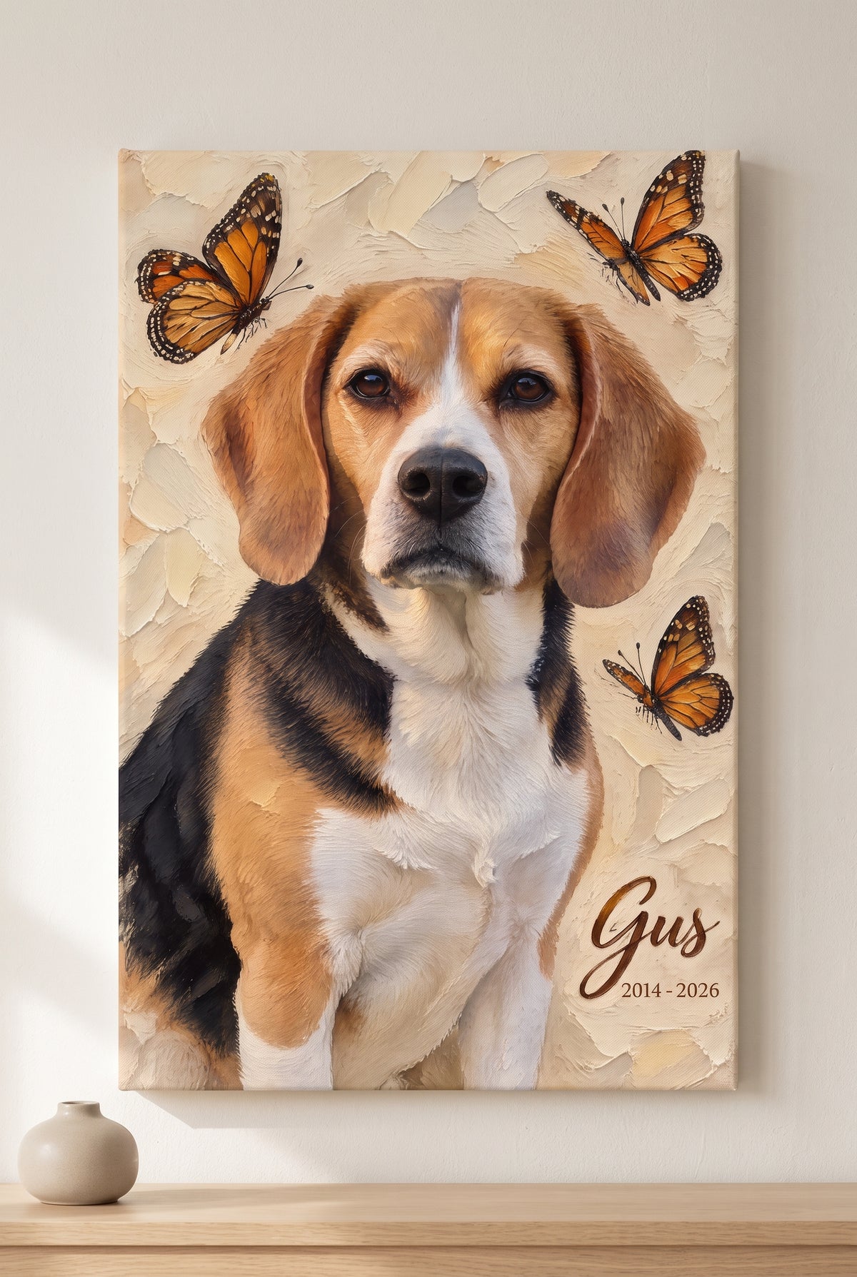Impasto Oil Pet Memorial Butterflies Portrait stretched gallery-wrap canvas on the wall