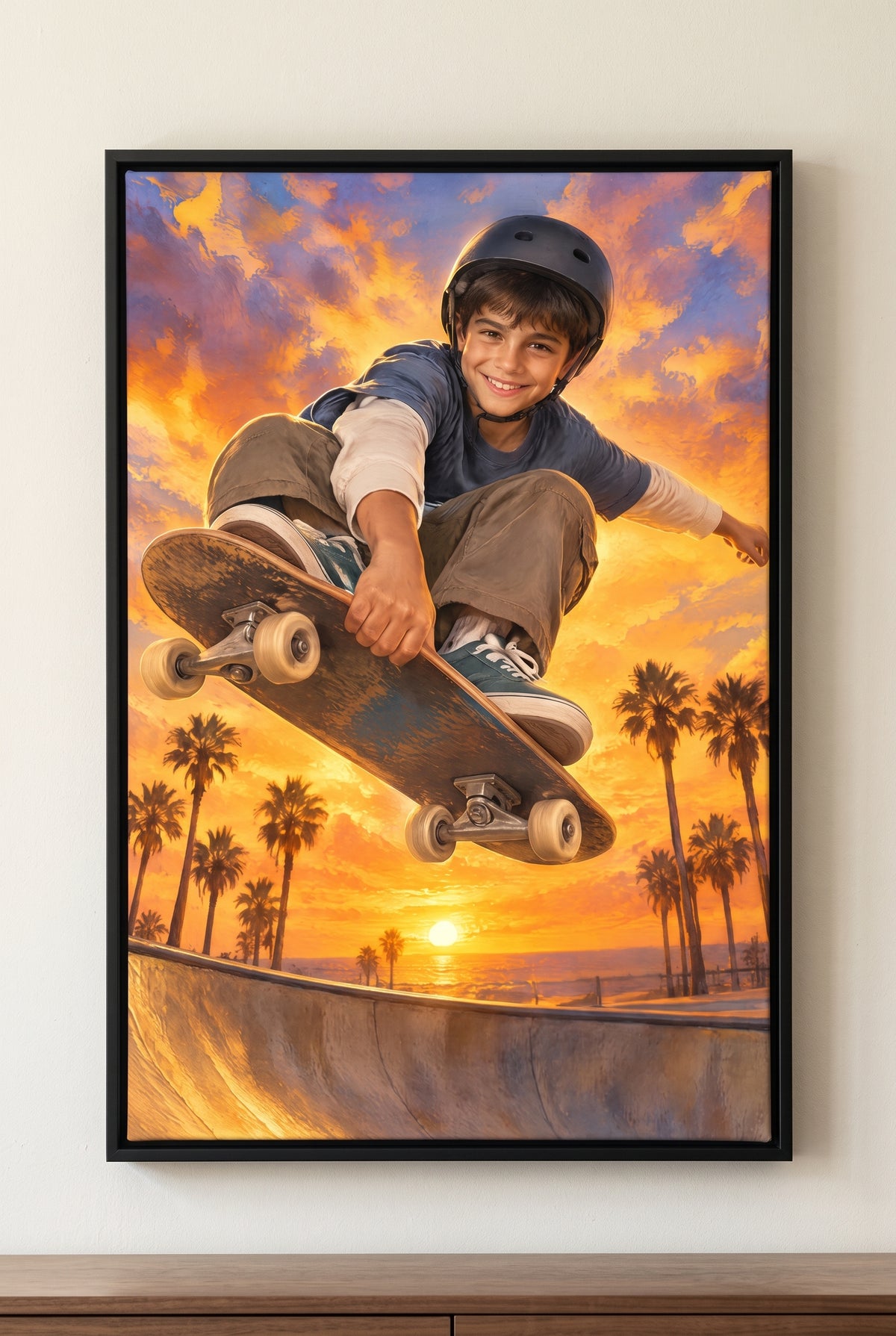 Sunset Bowl Skateboard Flight Portrait floater-framed canvas on the wall