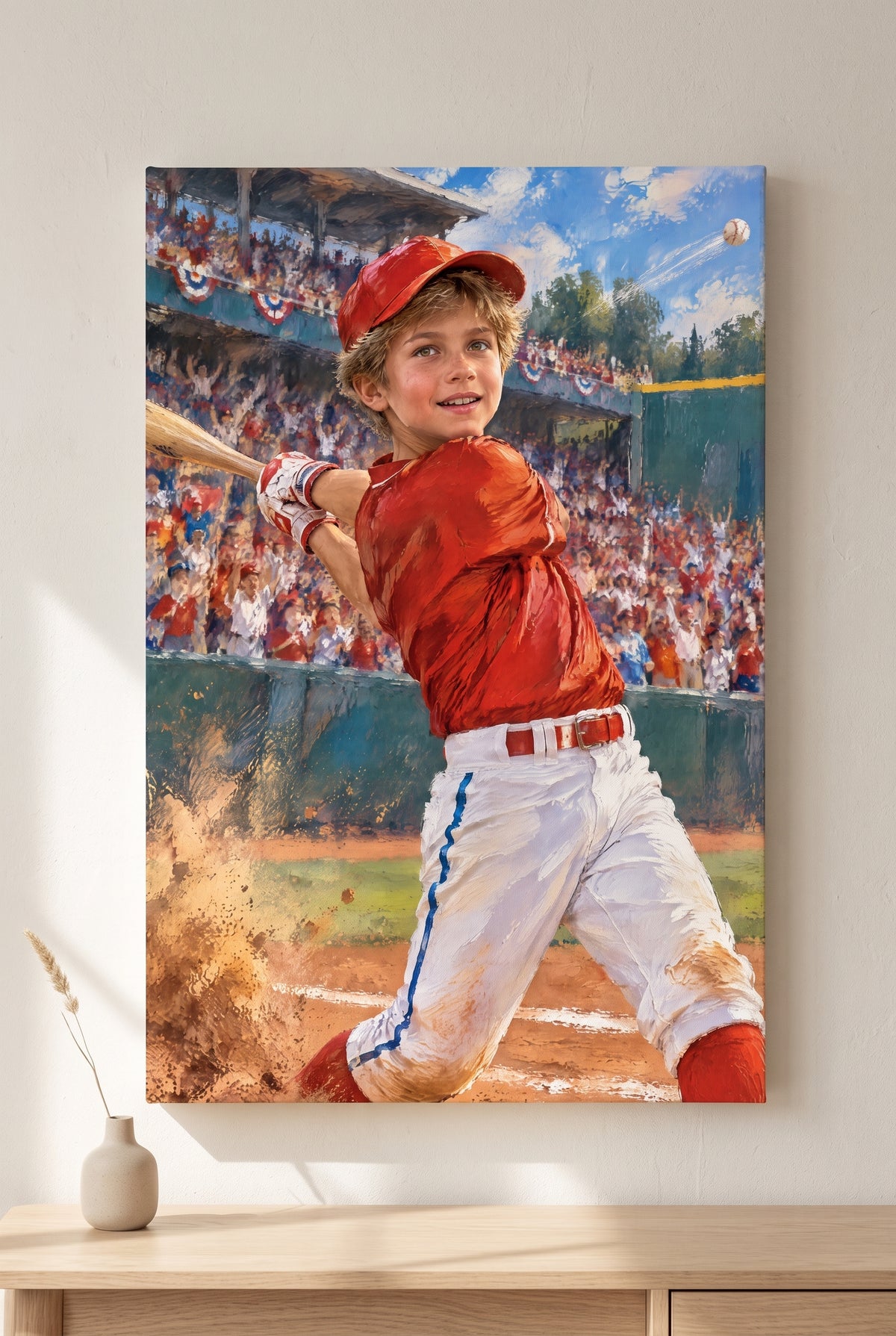 Baseball Home Run Hero Portrait stretched gallery-wrap canvas on the wall