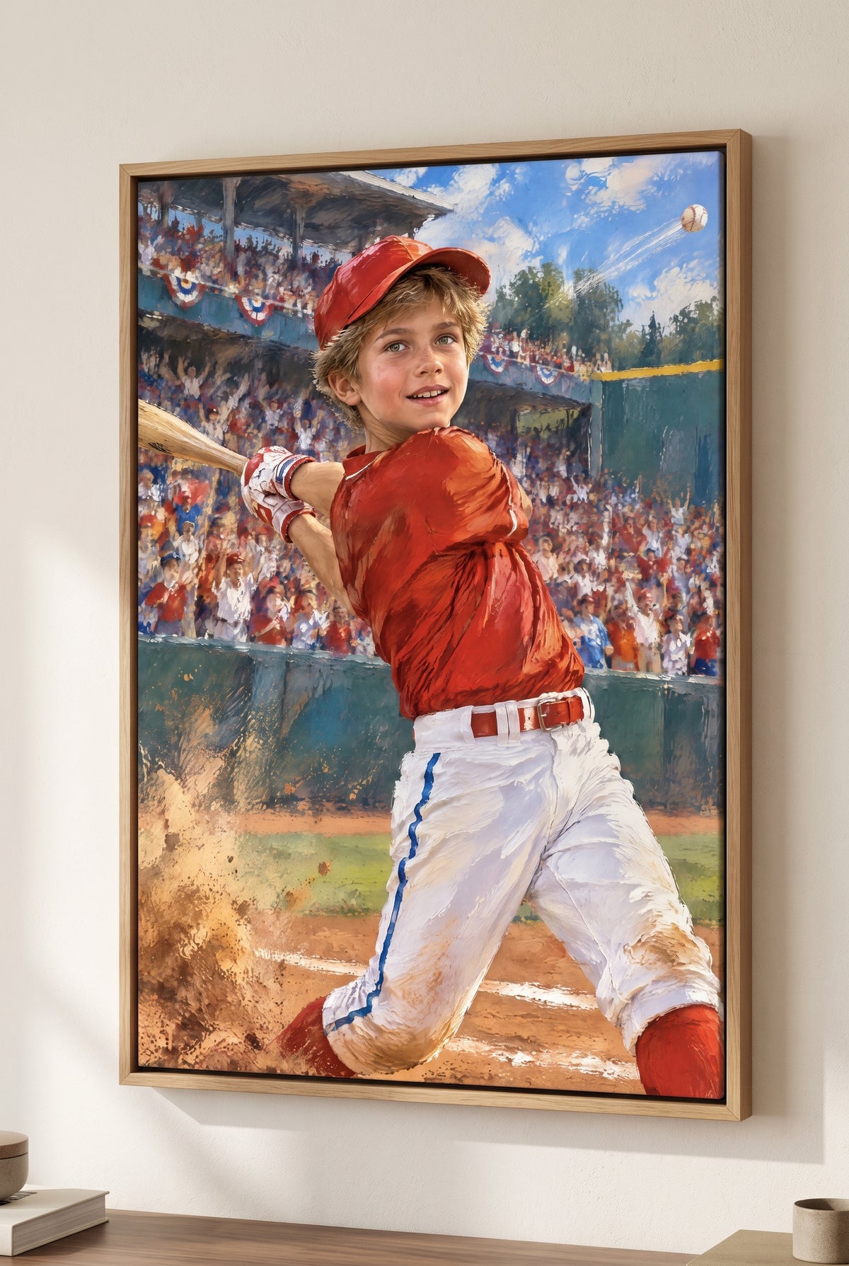 Baseball Home Run Hero Portrait floater-framed canvas on the wall