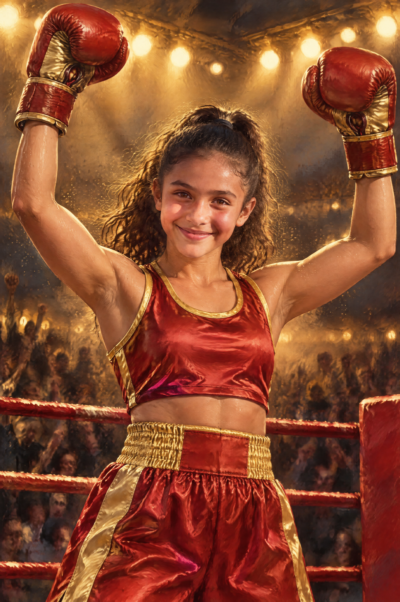 Boxing Ring-Light Focus Portrait girl boxer in crimson red and athletic gold gear flat artwork