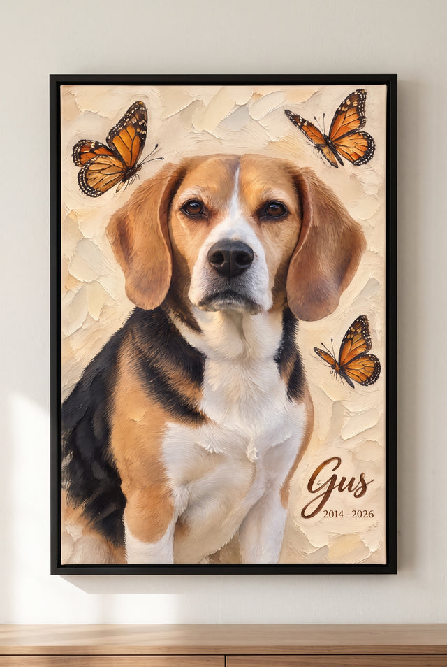 Impasto Oil Pet Memorial Butterflies Portrait floater-framed canvas on the wall