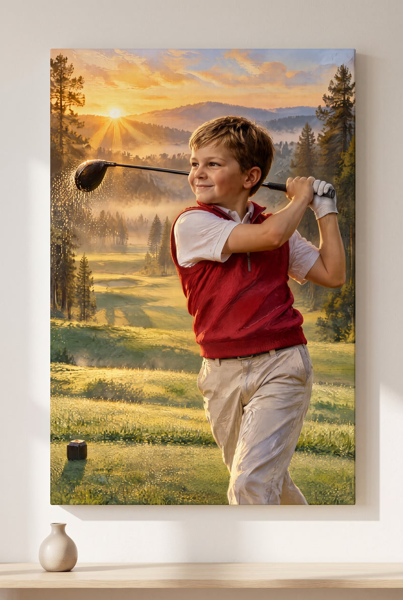 Golden Sunrise Championship Drive Portrait stretched gallery-wrap canvas on the wall
