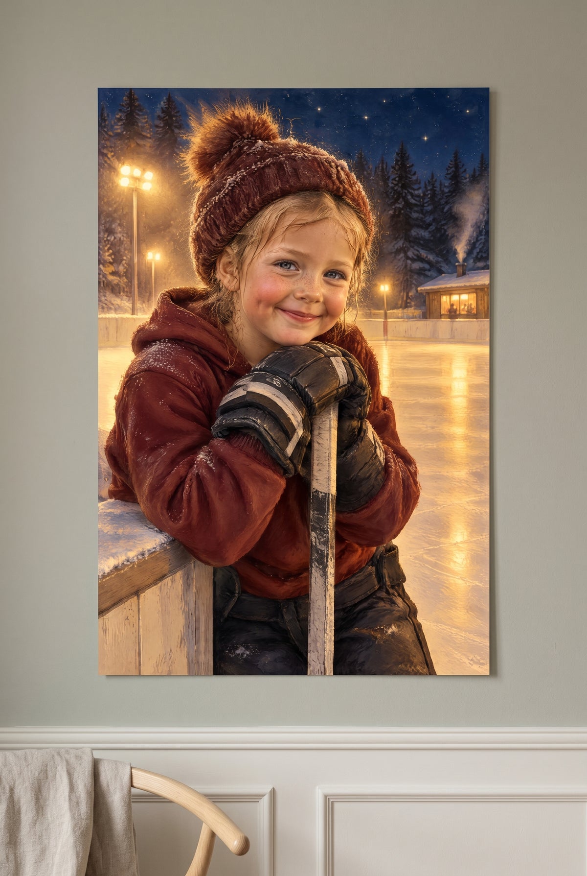 Evening Rink Hockey Portrait girl player under starry community rink floodlights unframed fine-art paper print on the wall