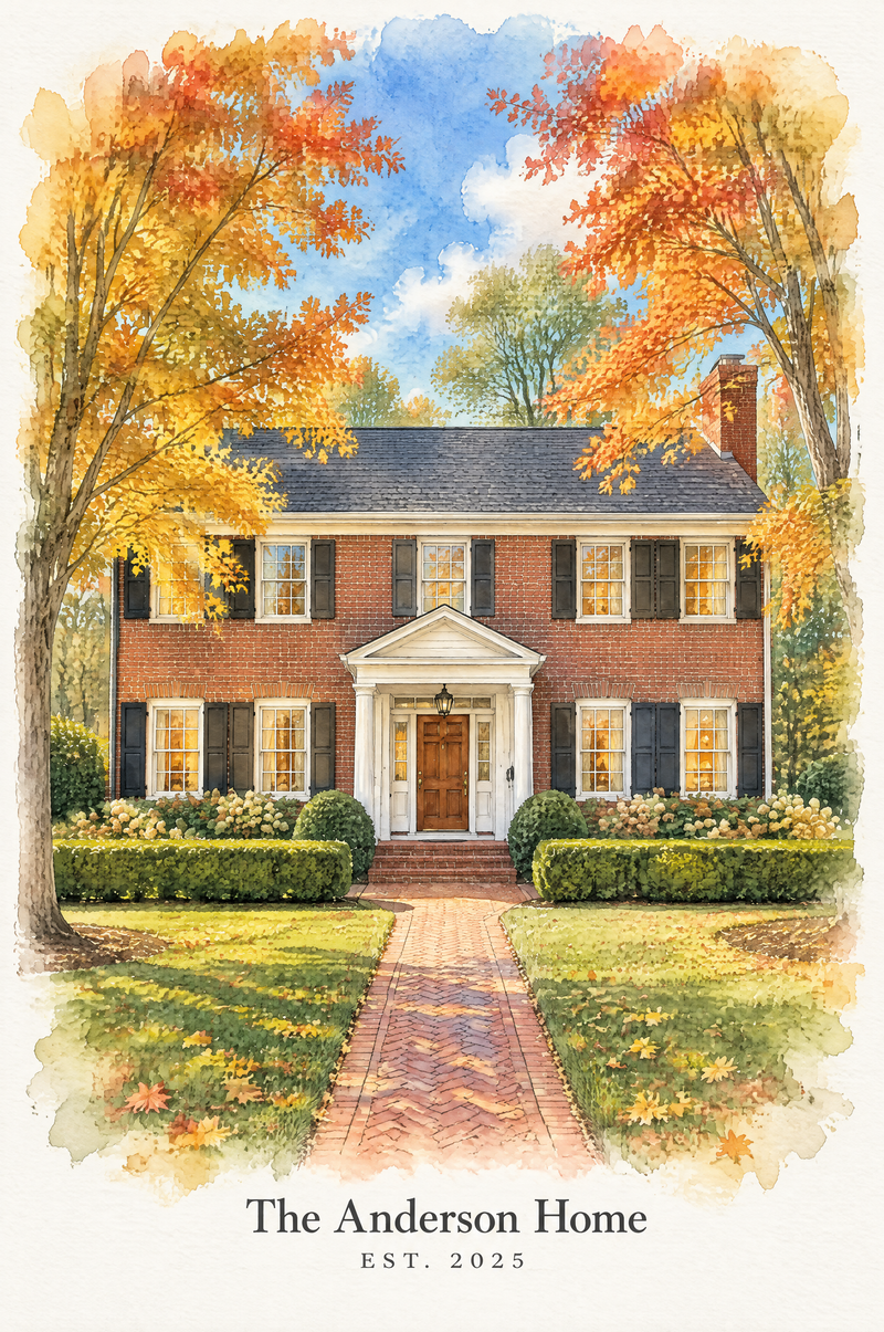 Custom Home Watercolor Keepsake classic red-brick Colonial home with custom family name and year