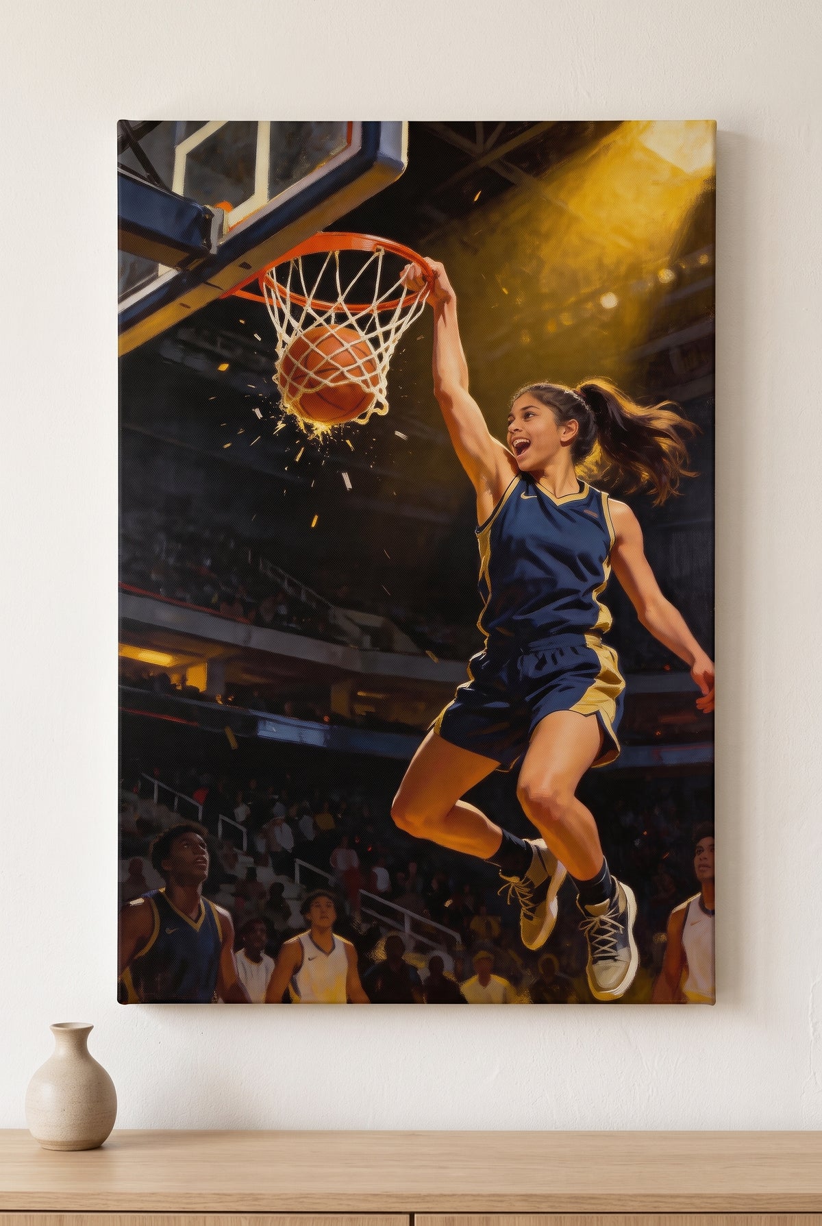 Basketball Slam Dunk Portrait stretched gallery-wrap canvas on the wall