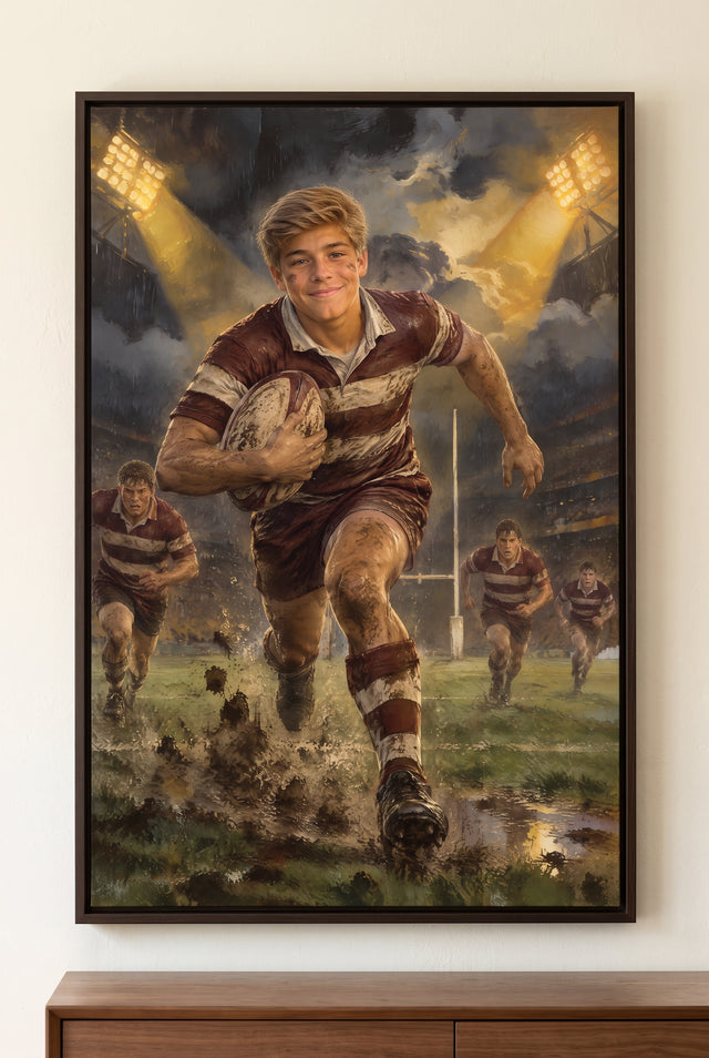 Storm-Pitch Breakaway Rugby Portrait floater-framed canvas on the wall