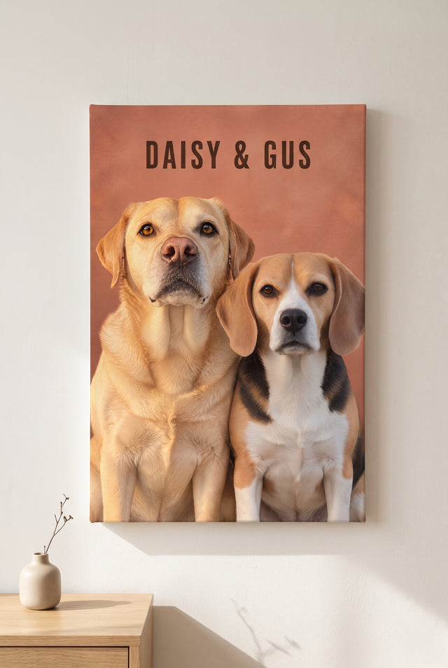 Modern Fine-Art Realism Two-Dog Portrait in Terracotta Blush with Bold Sans lettering on stretched canvas
