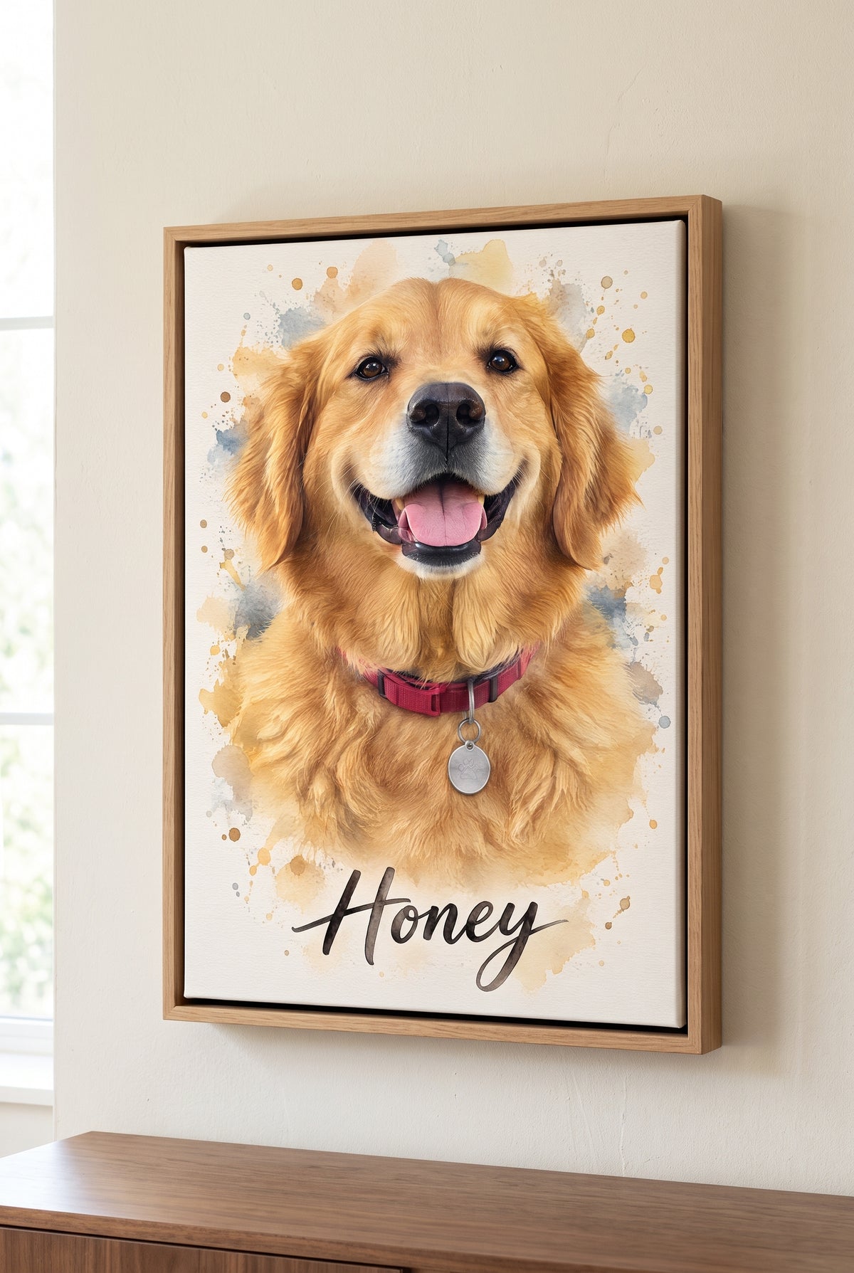 Pet Photo Watercolor Splatter Portrait floater-framed canvas on the wall