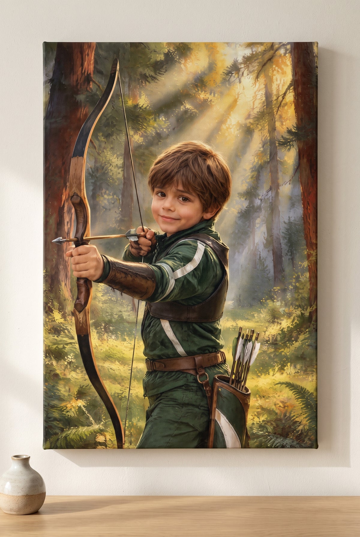 Sunlit Pine Glade Archery Portrait stretched gallery-wrap canvas on the wall