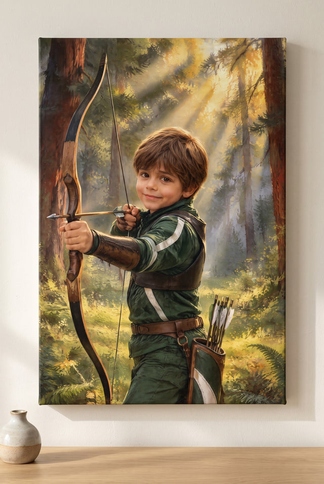 Sunlit Pine Glade Archery Portrait stretched gallery-wrap canvas on the wall