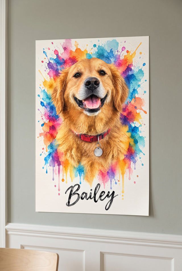 Vibrant Pop-Splash Pet Watercolor Portrait unframed fine-art paper print on the wall