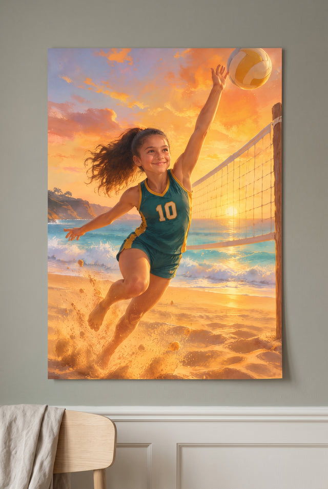 Pacific Sunset Beach Volleyball Portrait unframed fine-art paper print on the wall