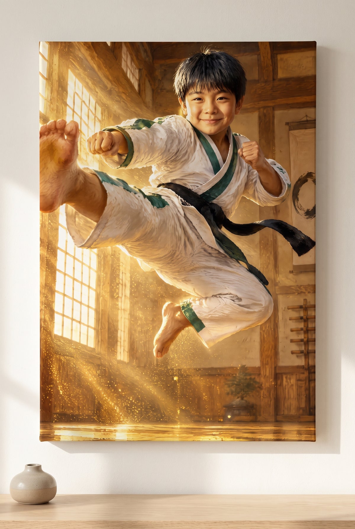 Martial Arts Flying Kick Portrait stretched gallery-wrap canvas on the wall