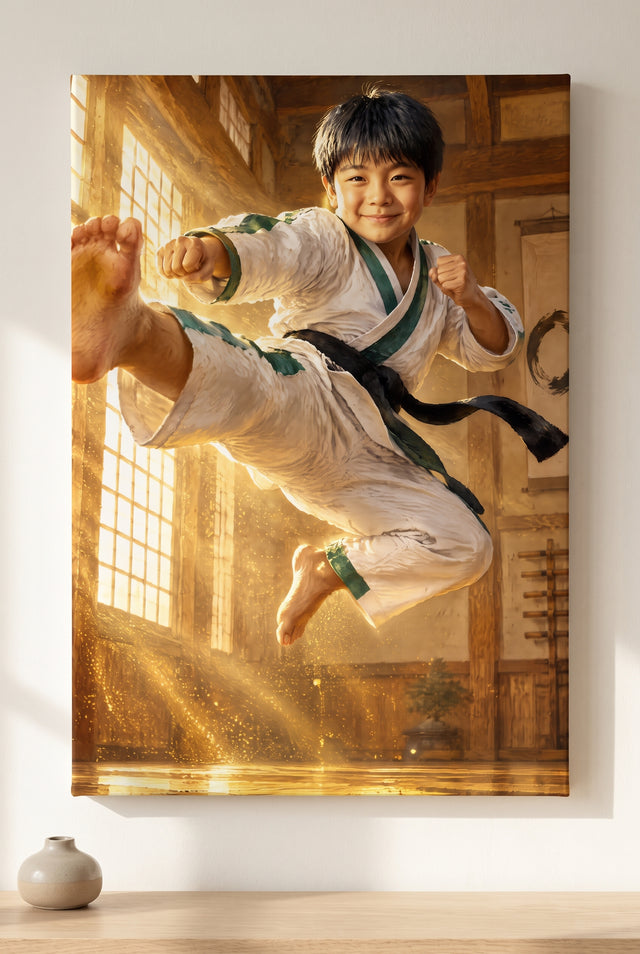 Martial Arts Flying Kick Portrait stretched gallery-wrap canvas on the wall
