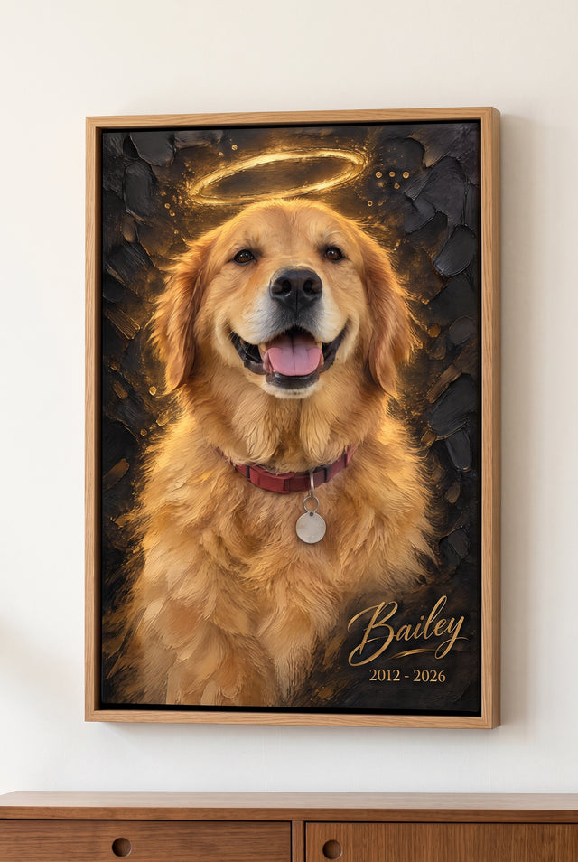 Impasto Oil Pet Memorial Halo Portrait floater-framed canvas on the wall