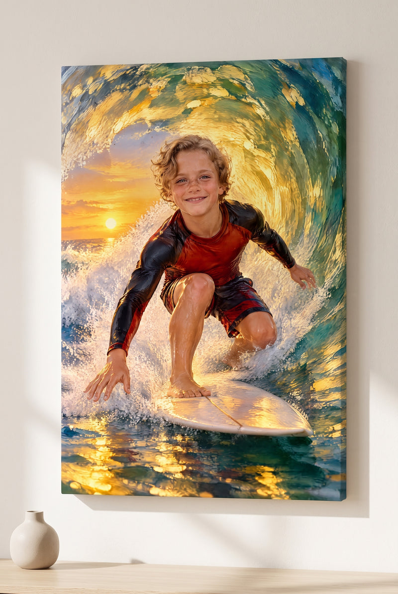 Golden Sunset Barrel Surfer Portrait stretched gallery-wrap canvas on the wall