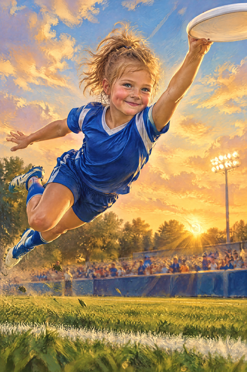 Ultimate Disc Layout Catch Portrait girl player in royal blue and crisp white jersey flat artwork