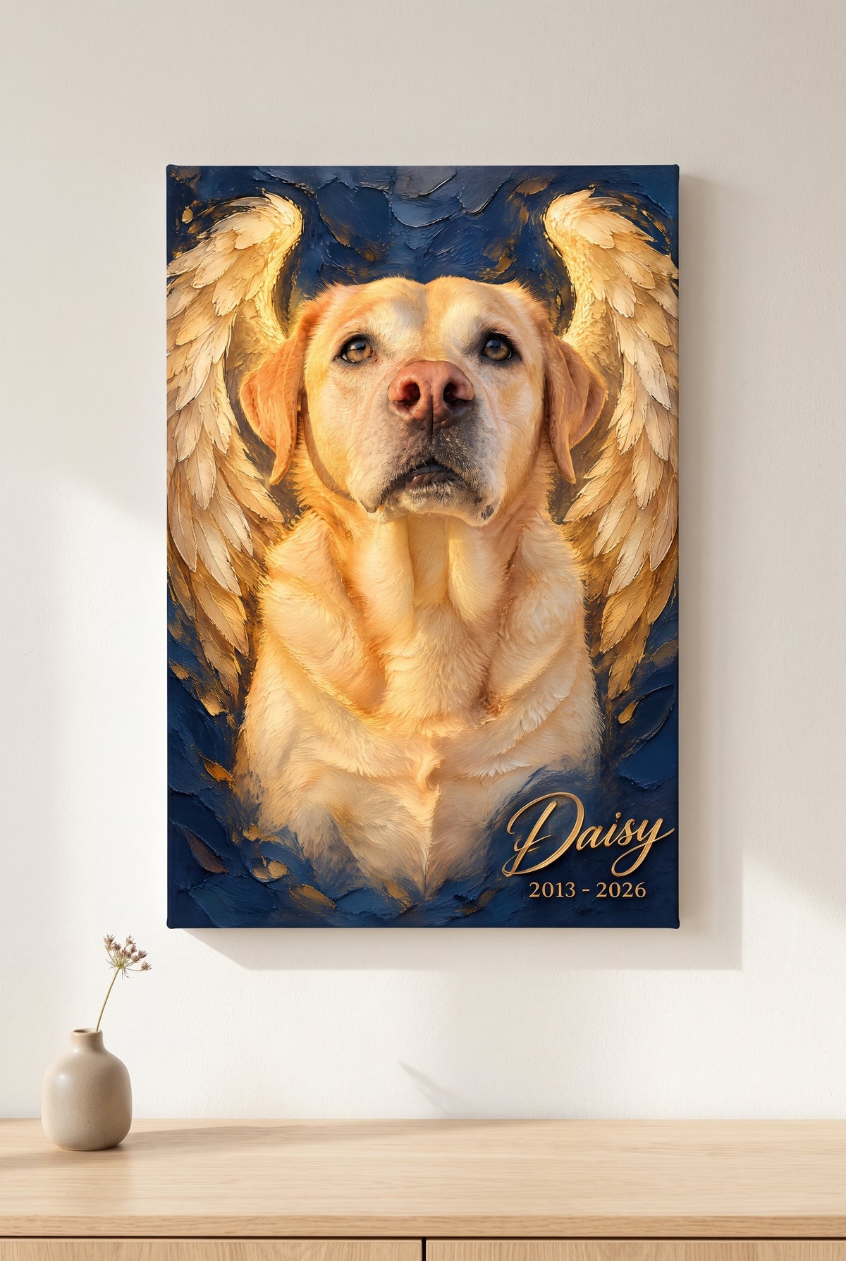 Impasto Oil Pet Memorial Wings Portrait stretched gallery-wrap canvas on the wall