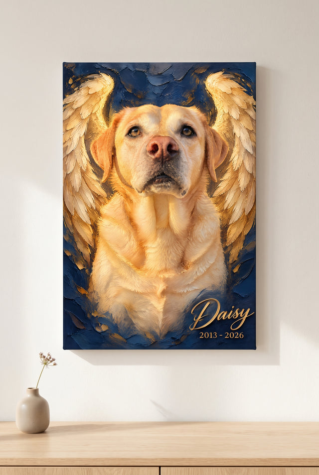 Impasto Oil Pet Memorial Wings Portrait stretched gallery-wrap canvas on the wall