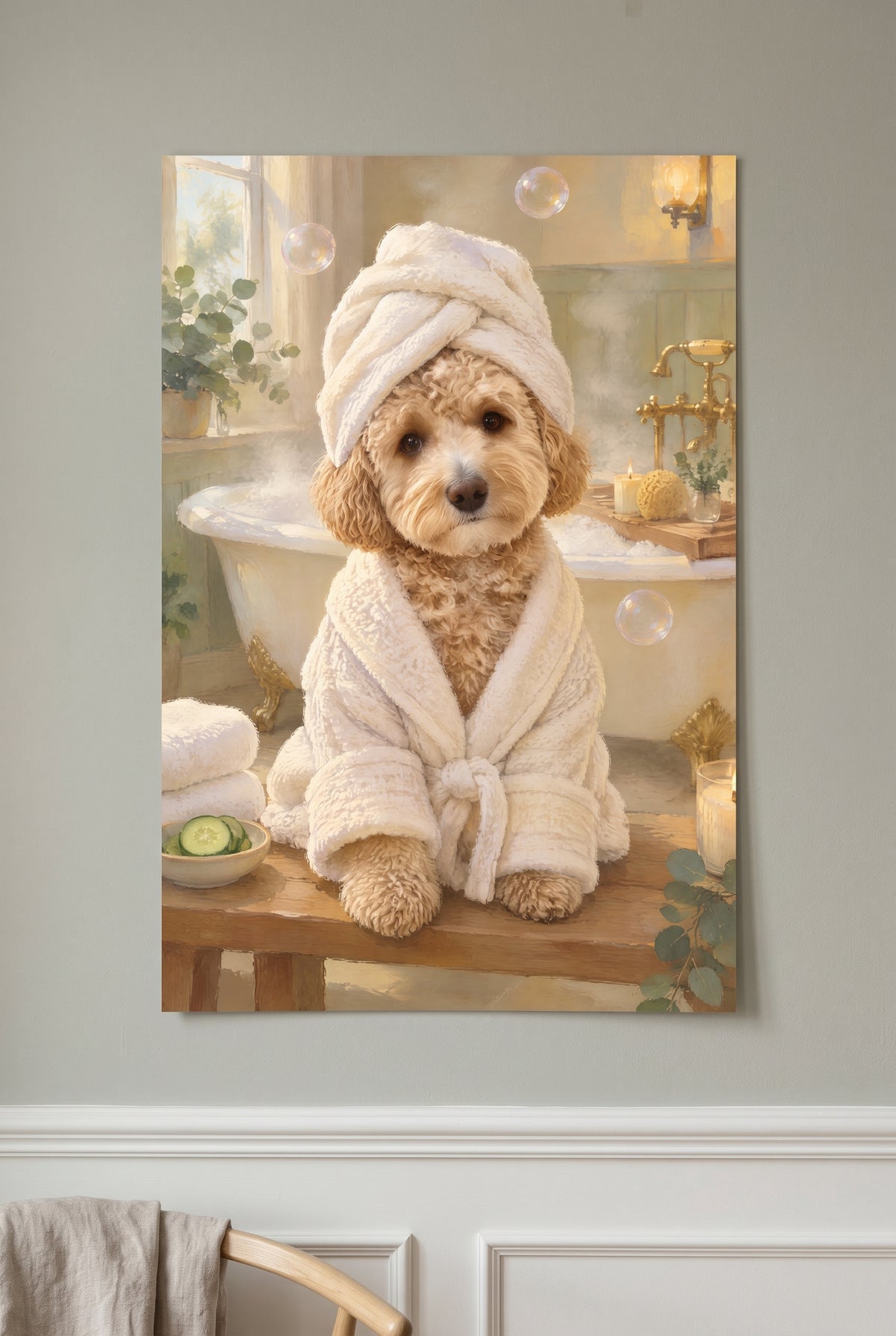 Spa Day Bathrobe Pet Portrait unframed fine-art paper print on the wall