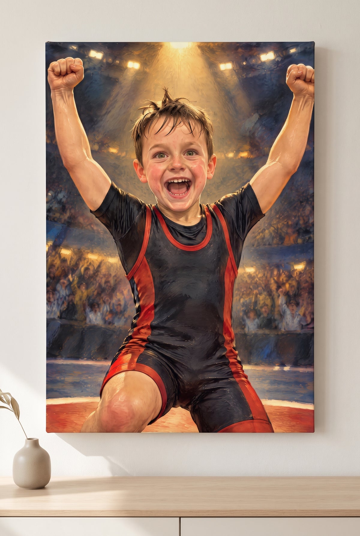 Wrestling Finals Triumph Portrait stretched gallery-wrap canvas on the wall