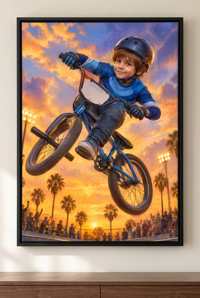 BMX Sunset Bowl Flight Portrait floater-framed canvas on the wall