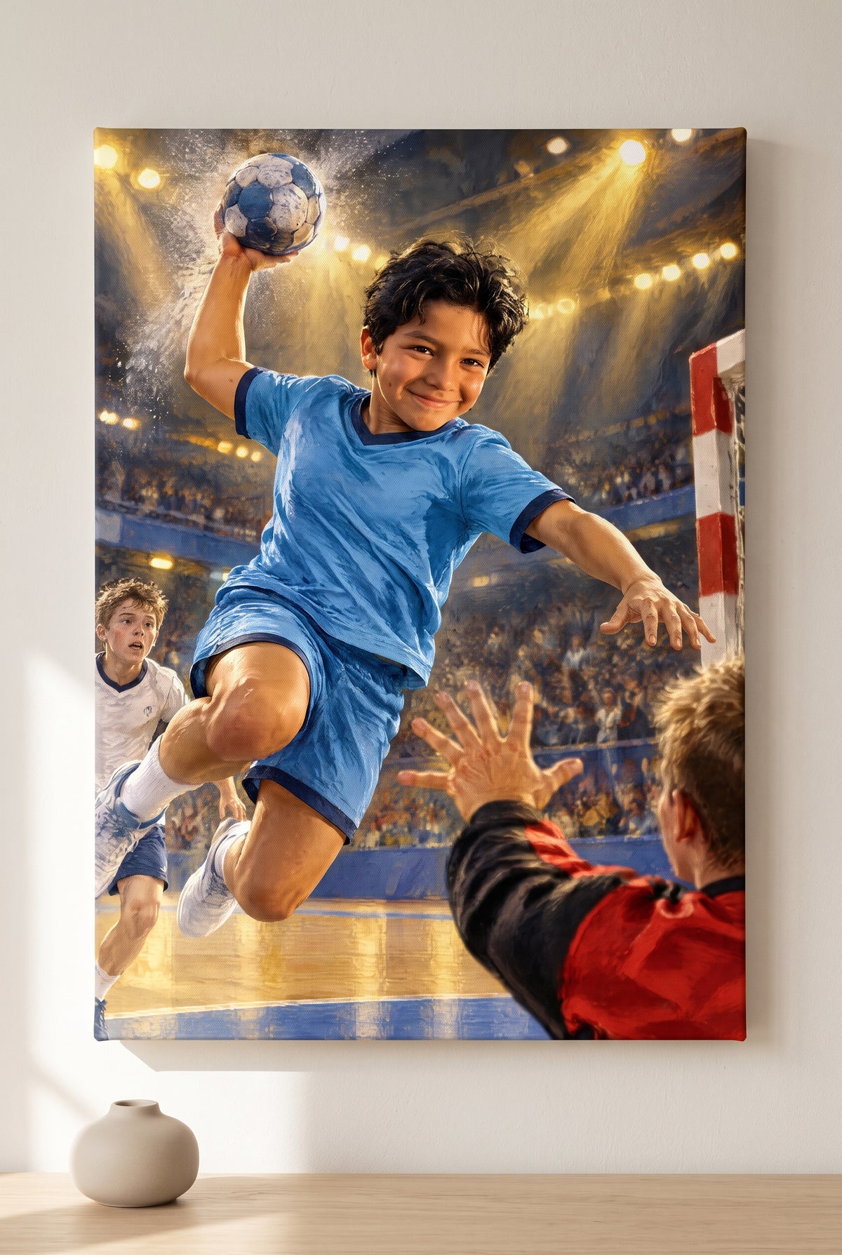 Team Handball Sky Leap Portrait stretched gallery-wrap canvas on the wall