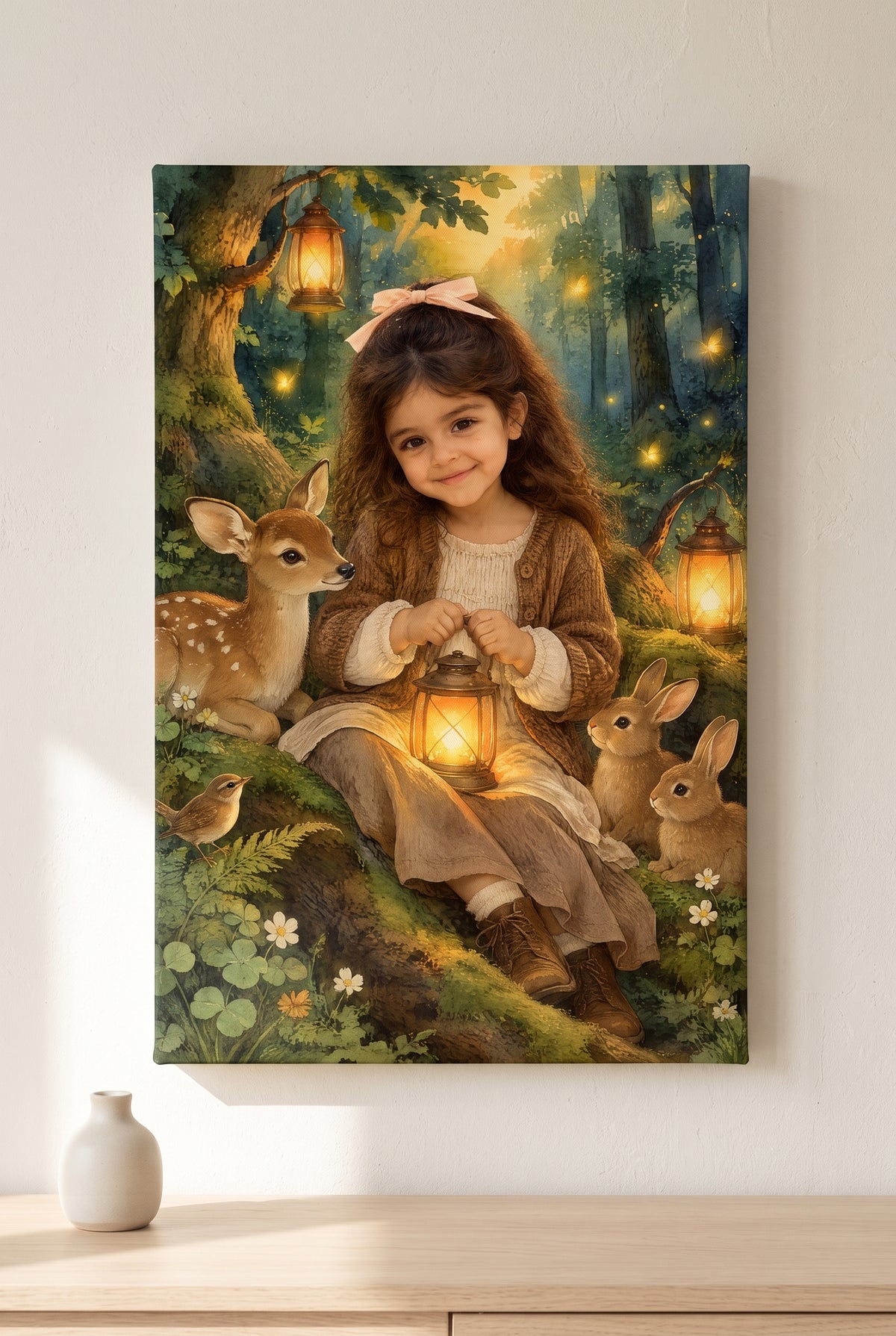Enchanted Lantern Woodland Portrait - stretched canvas on the wall