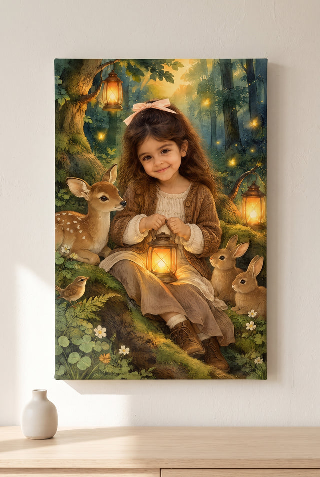 Enchanted Lantern Woodland Portrait - stretched canvas on the wall
