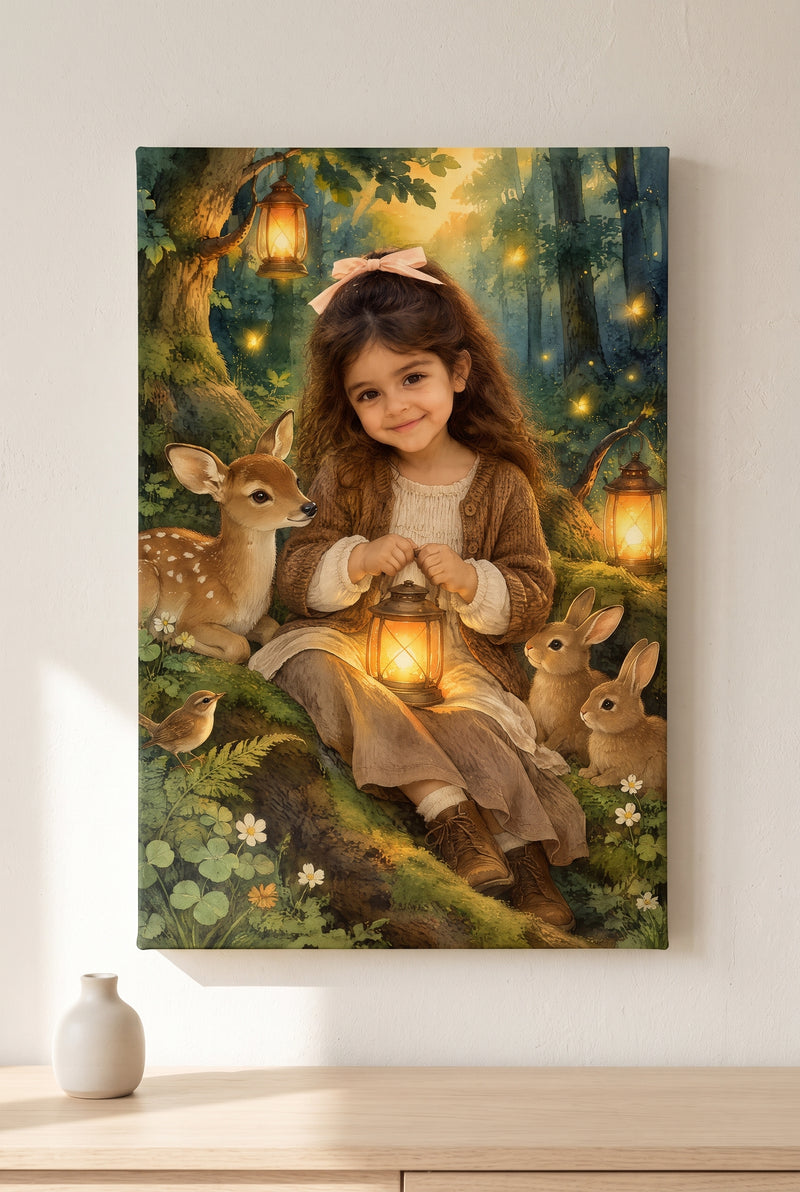 Enchanted Lantern Woodland Portrait - stretched canvas on the wall