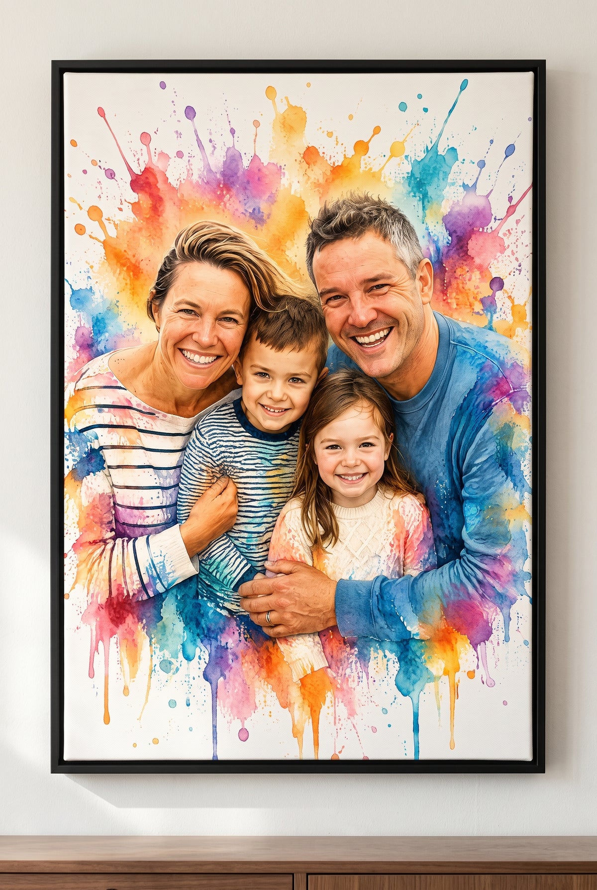 Vibrant Splash Family Watercolor floater-framed canvas on the wall