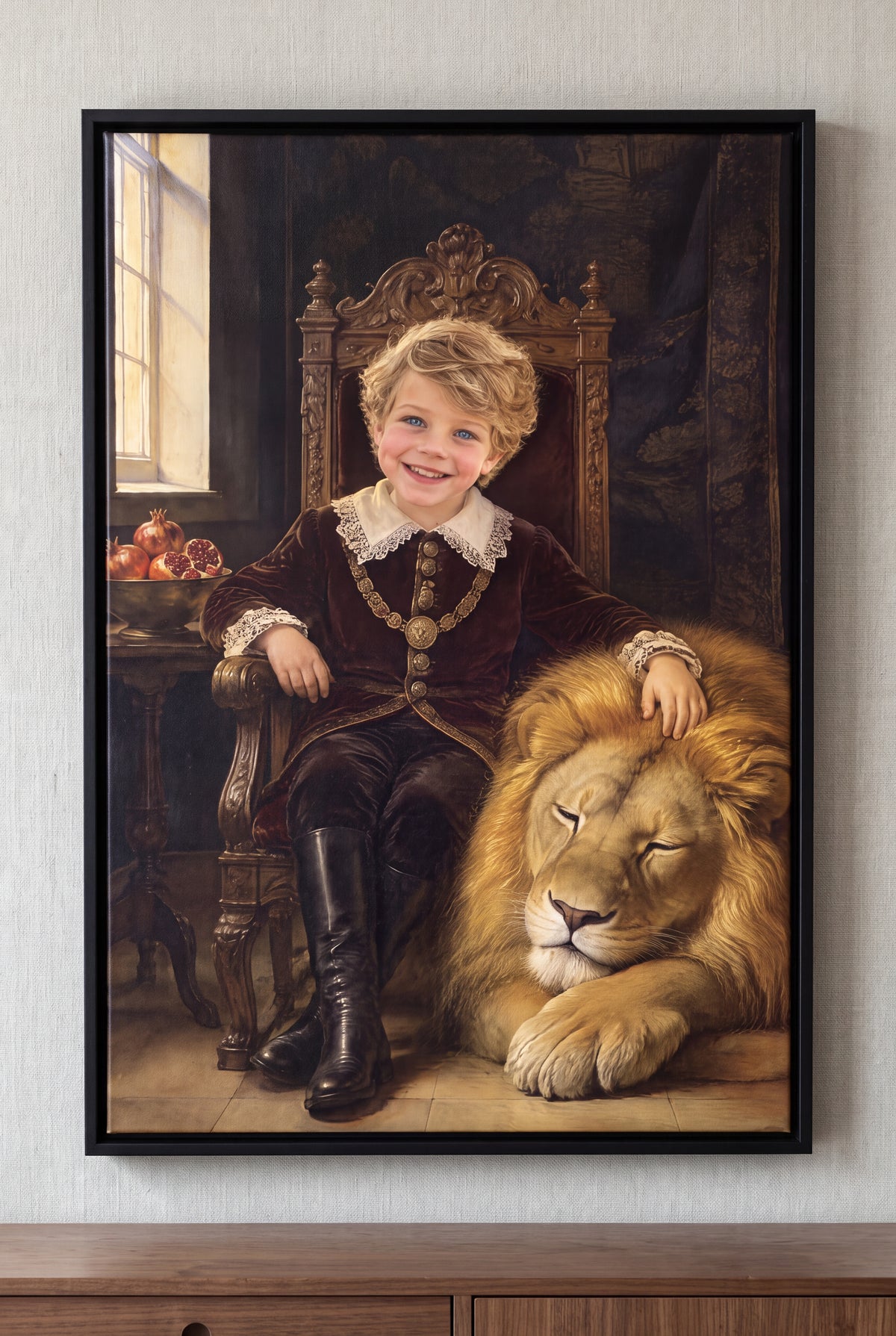 The Heir and the Lion Portrait floater-framed canvas on the wall