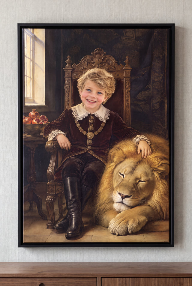 The Heir and the Lion Portrait floater-framed canvas on the wall