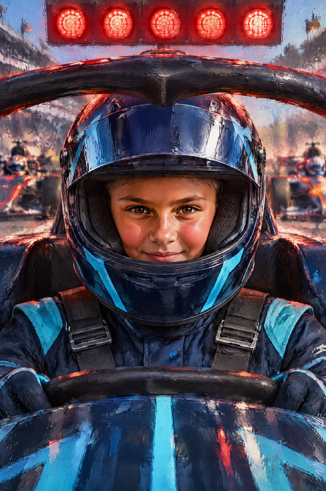 Race Car Driver Portrait girl driver painterly starting-grid cockpit edition flat artwork