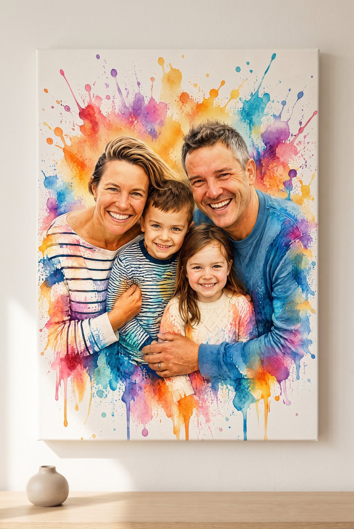 Vibrant Splash Family Watercolor stretched gallery-wrap canvas on the wall